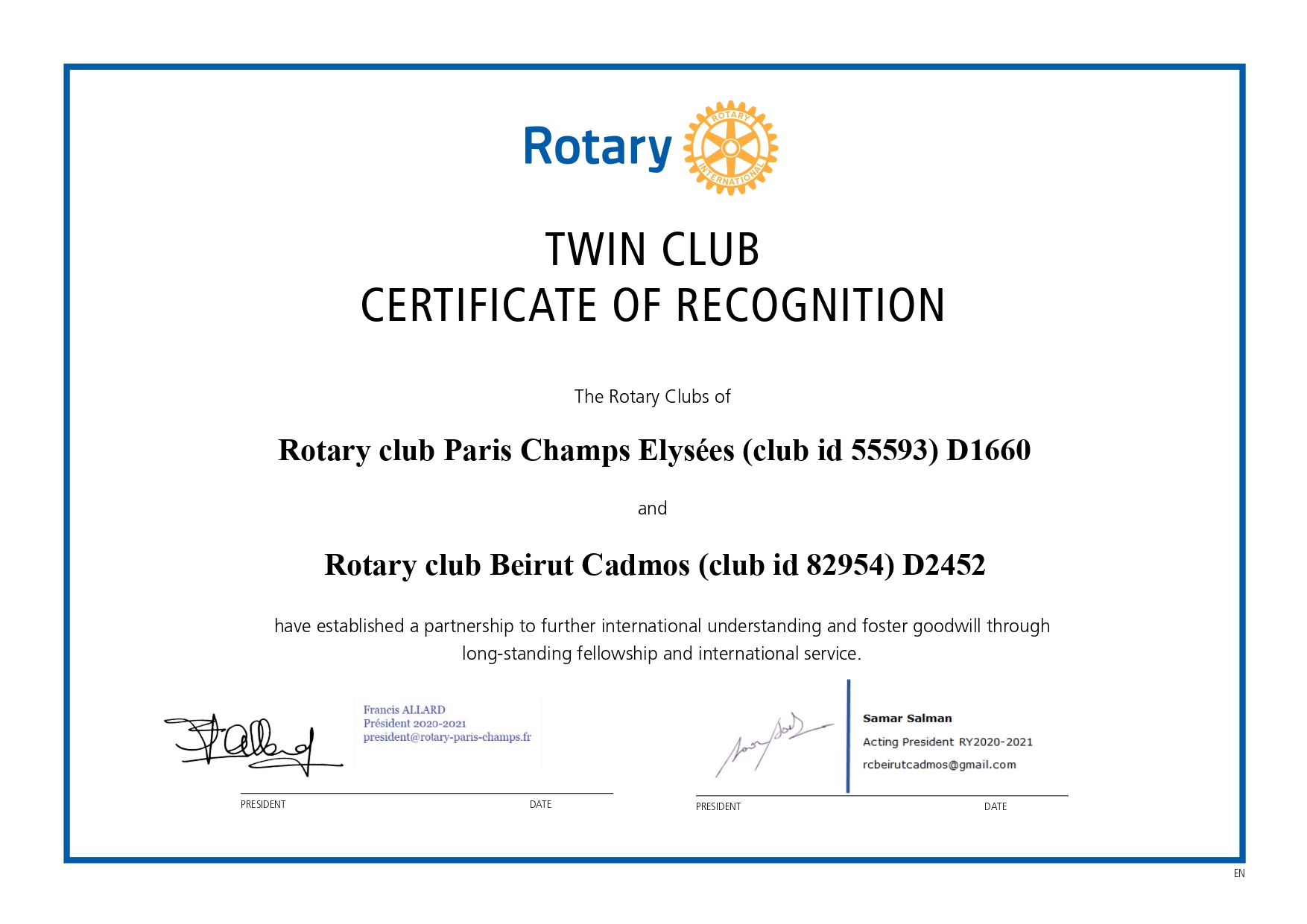 signed Certificate of recognition twin club RCPCE Beirut Cadmos signed Certificate of recognition twin club RCPCE Beirut Cadmos