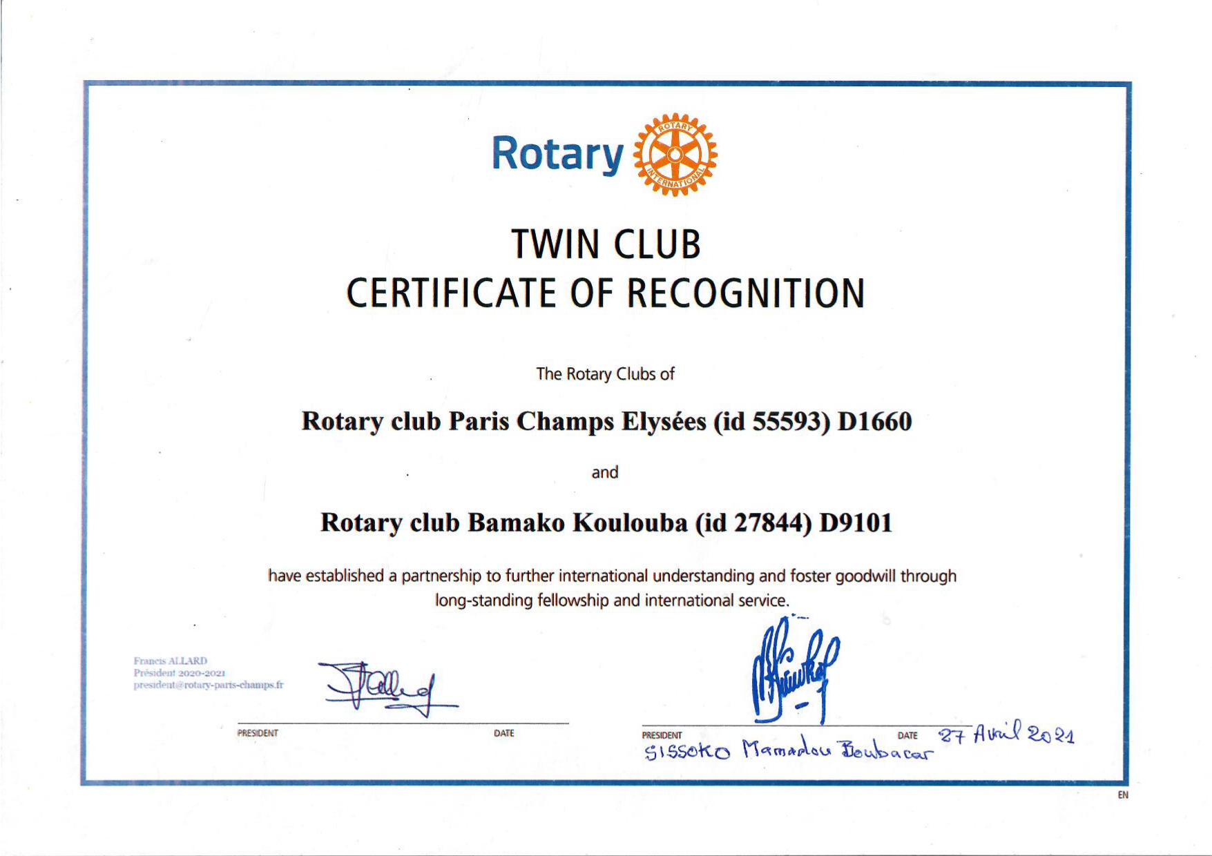 Certificate of recognition twin club RCPCE Bamako Koulouba
